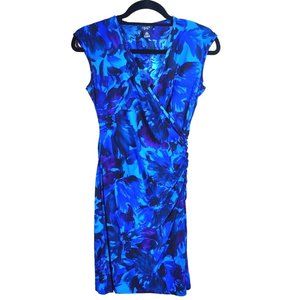 Chaps Women’s PS Blue Black Floral Short Sleeve Faux Wrap Dress Pre-owned